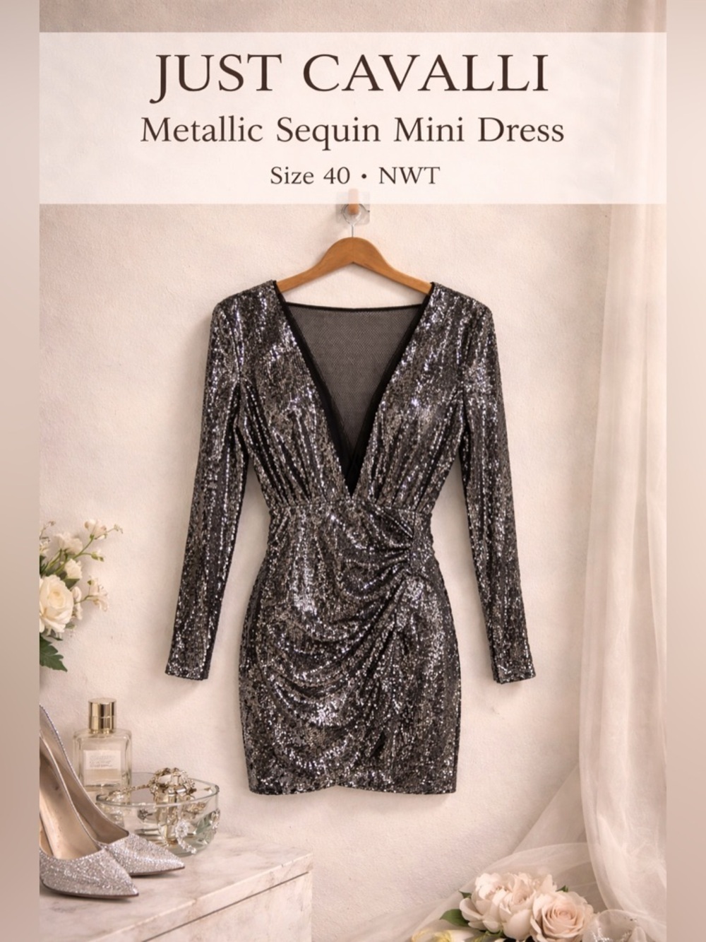 Just Cavalli Metallic Sequin Long Sleeve Mini Dress Size 40 NWT
